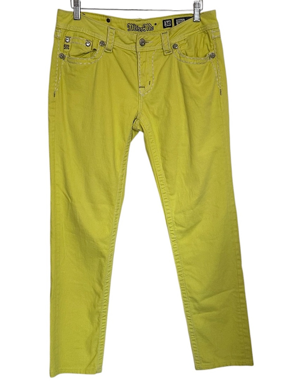 Miss Me Women’s Skinny Jeans Embroidered Rhinestone Mid-Rise Lemon Yellow Sz 30